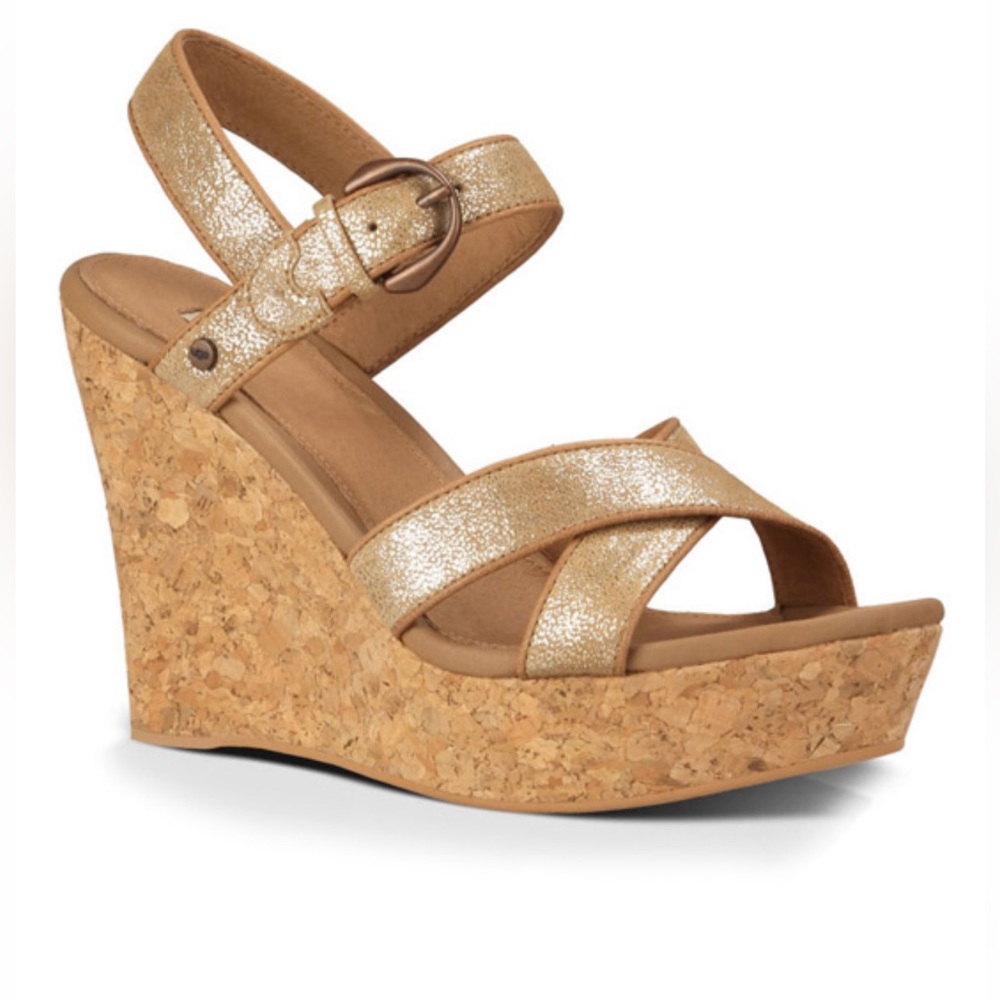 UGG Chestnut Gold Coast Jazmine Metallic Suede Wedges Size 8
